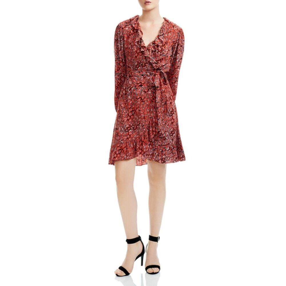 Maje Rossetto Ruffle Trimmed Leopard Print Crepe Wrap Mini Dress Red Gray 3 US L